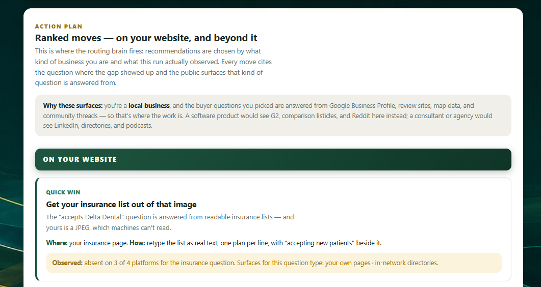 The Action Plan: ranked moves grouped as on-your-website and beyond, with a quick win explaining exactly where and how to fix an unreadable insurance list